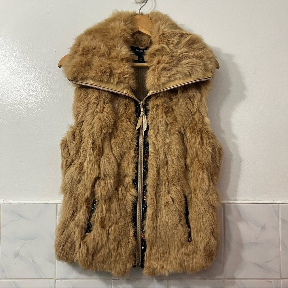 Penny Lane Rabbit Fur Full Zip Vest Leather Trim Beaded L Bratz Granola Indie